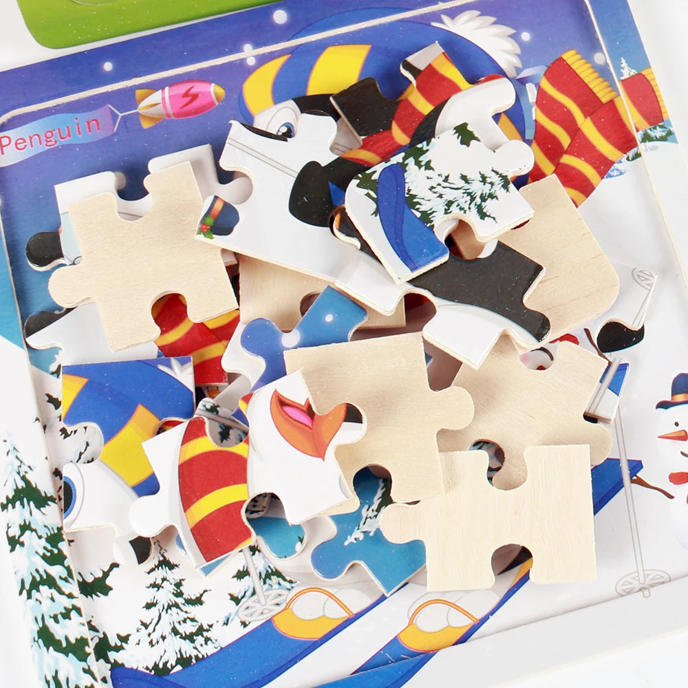 20piece Wooden Puzzle Cartoon Animals Car Letter Number Pattern Jigsaw Puzzles Game Kids Educational Learning Toys for Children